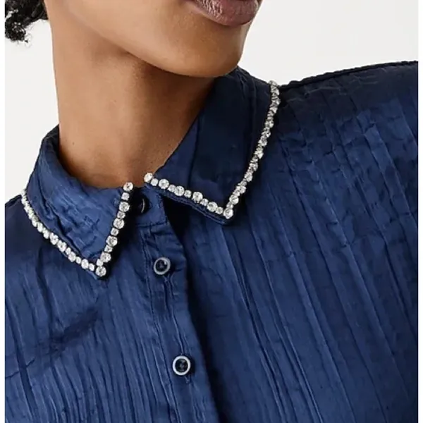 J. CREW NWT Crystal Embellished Navy Blue Shirt in Crinkle Satin Size Small - Image 9