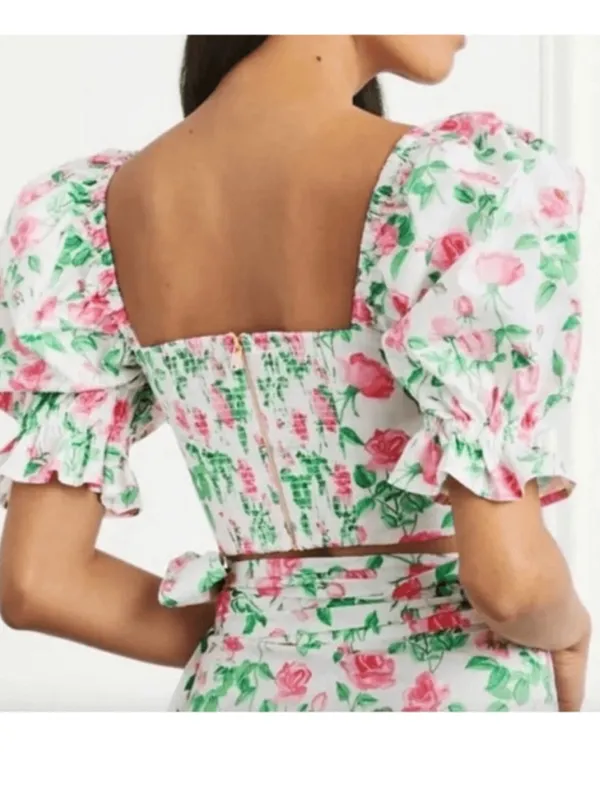Hill House The Isabella Pink Rose Floral Puff Sleeve Smocked Crop Top XS Zip - Image 9