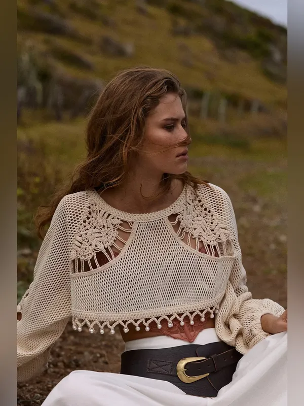 By Anthropologie Pearl Embellished Crochet Shrug Sweater Cream XS/S - Image 5