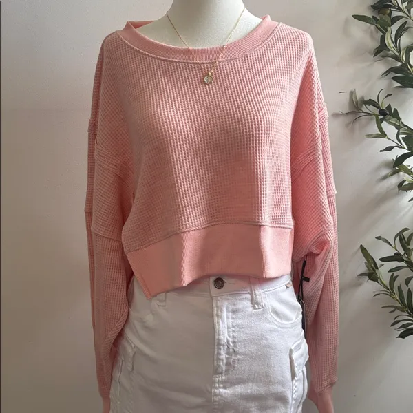 Pink Waffle Knit cropped Sweater Size L - Image 2