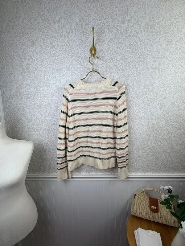 Madewell Cream Pink & Green Striped 100% Cotton Crewneck Sweater - Size - XS - Image 8