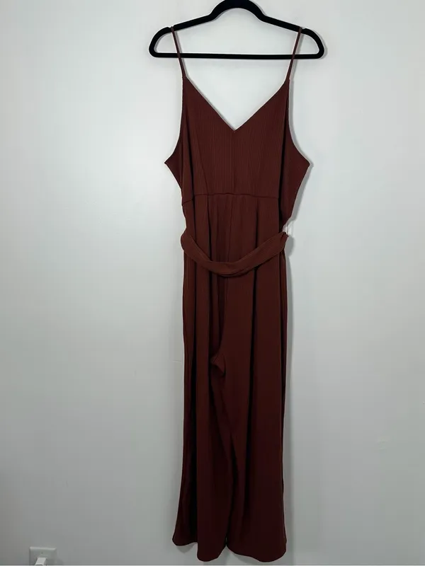 Eloquii Size 14/16 Rust Ribbed Wide Leg Belted Jumpsuit - Image 3