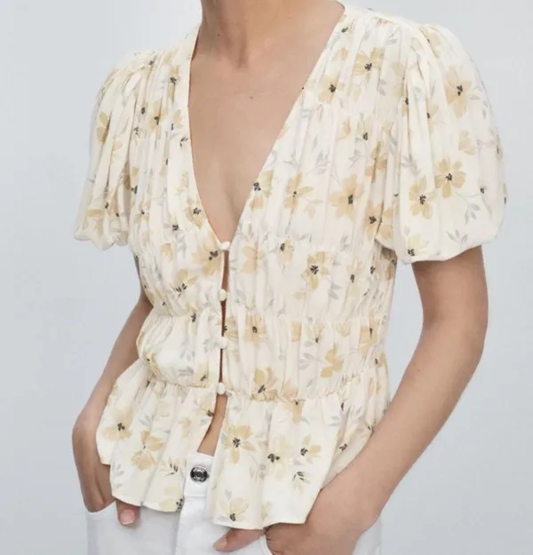 Zara Puff Sleeve Floral Button Front Top XS - Image 2