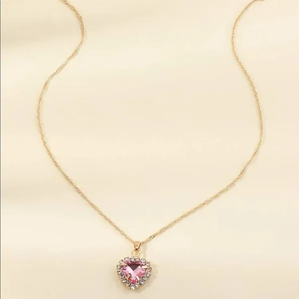 Gorgeous Pink Crystal Jewel Bling Heart Pendant Charm gold twist Chain necklace - Image 3