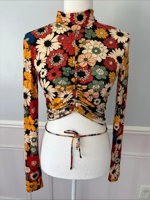 Bershka Floral Ruched Mock-Neck Long Sleeve Crop Top Tie Front Sz Med Retro - Image 2
