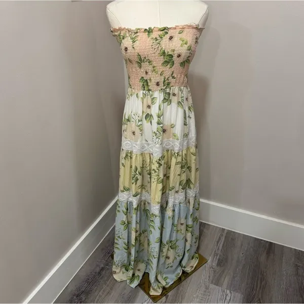 Kiwi + Punch Miami Floral Smocked Tiered Strapless Maxi Dress‎ L - Image 3