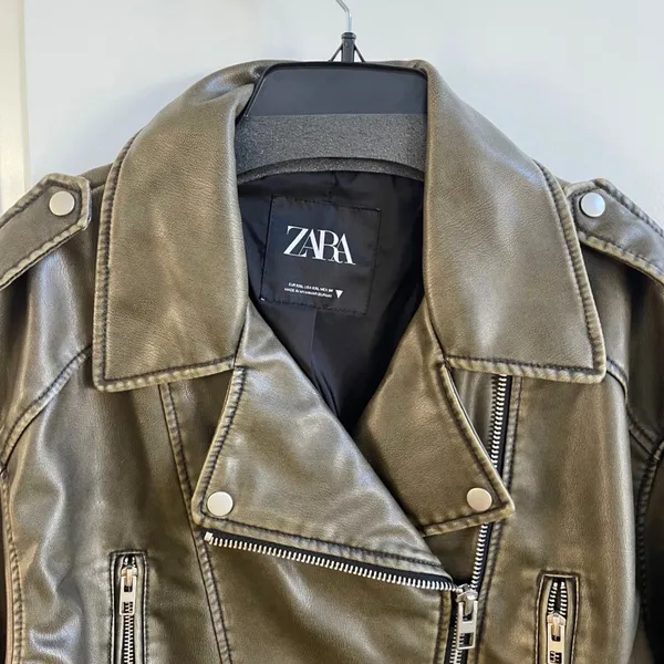 Zara Moto Jacket Women Small Olive Green Edgy Cropped Faux Leather Biker Coat - Image 3