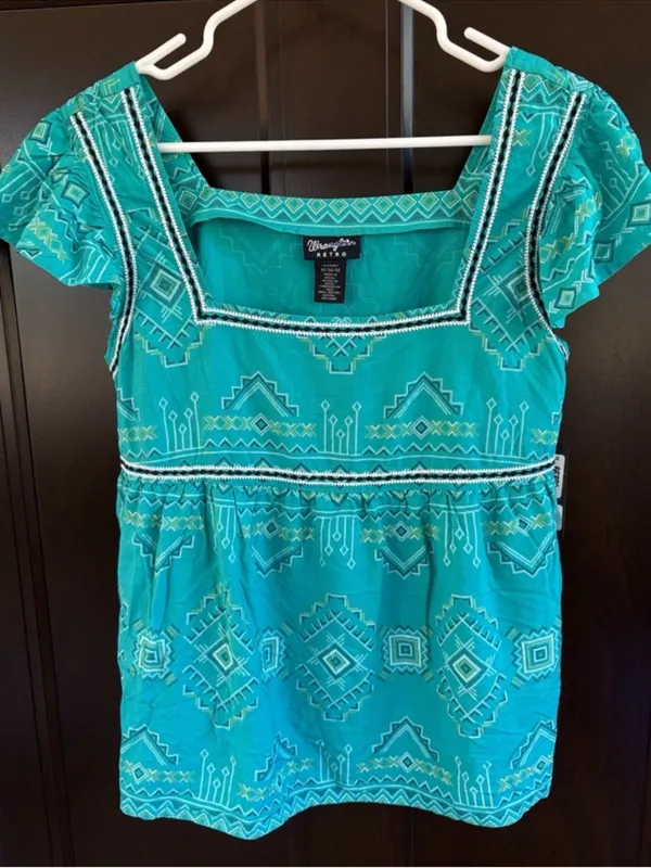 NWT Wrangler Retro Square Neck Aztec Print Top Teal Size Medium - Image 2