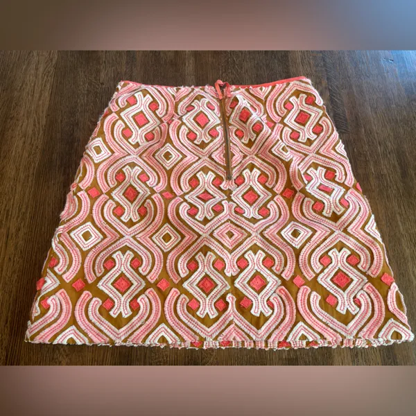 Anthropologie Linen Slim Mini Skirt Preppy Classic Pink Brown Cream - Size 4 - Image 7