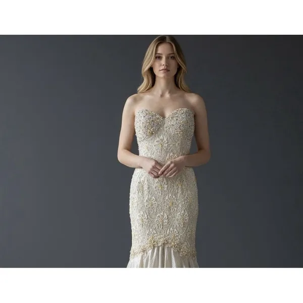 Mac Duggal Couture‎ Beaded Strapless Gown Womens 4 Champagne Lace Mermaid Formal - Image 3