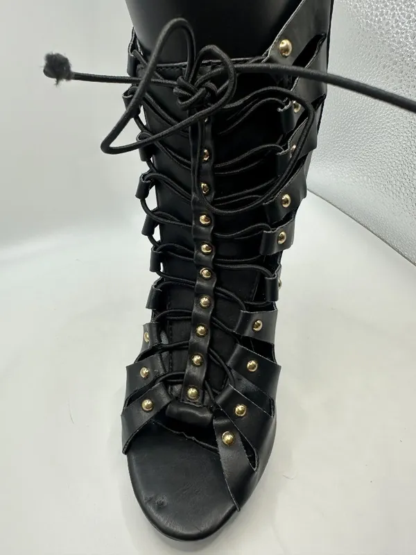 Black Studded Strappy Lace Up Stiletto Heel Ankle Booties Open Toe 6 Rocker Glam - Image 7