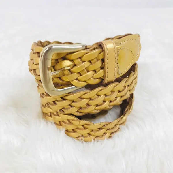VINTAGE 90s Gold Metallic Woven Leather Belt Braided‎ Y2K Retro Medium Large - Image 4
