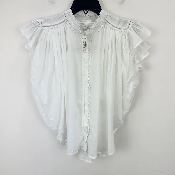 Madewell Shirred Lace Trim Top Blouse Cotton Viscose Lightweight White Small NWT - Image 7