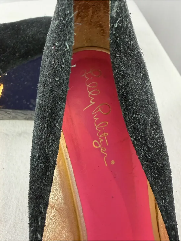Lilly Pulitzer Suede Peep Toe Wedge Slip On Heels in‎ Black Size 7 - Image 9