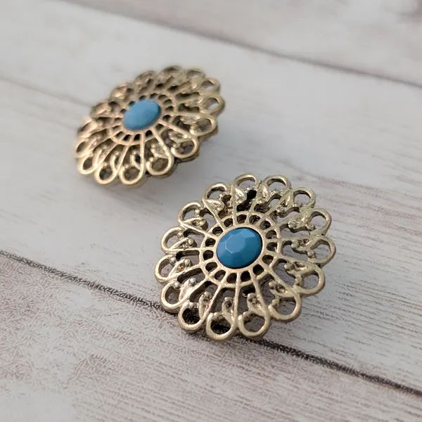 Vintage Clip On Earrings Ornate Gold Tone with Turquoise Tone Center Large - Image 3