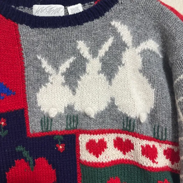Lord & Taylor Shetland Wool Angora Sweater 80s Vtg Patchwork Farmhouse Twee M - Image 3