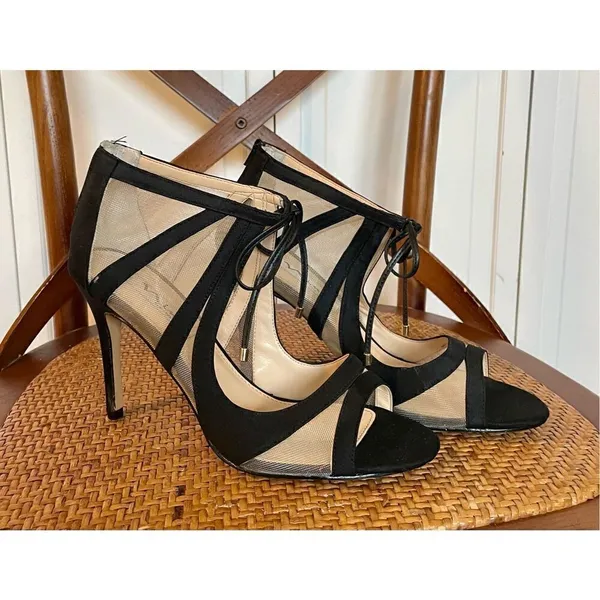 Nina Caleya black mesh tie closure stiletto heels sz 8 - Image 2