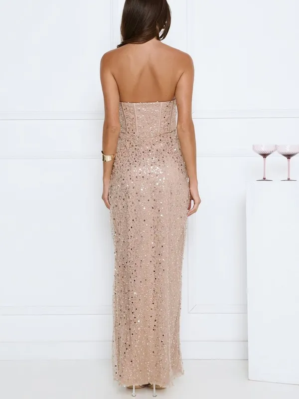 NWT Hello Molly Corset Champagne Sequin Strapless Bustier Maxi Dress - Image 3