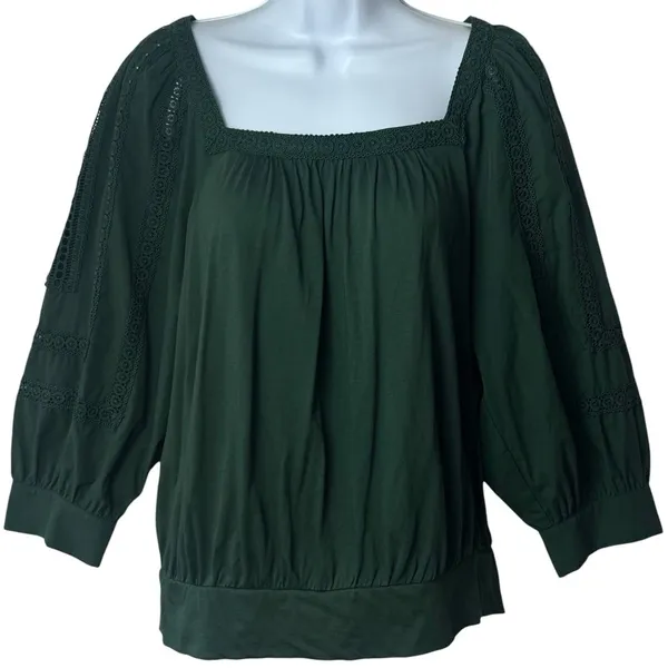 NEW‎ Anthropologie Chela Green Lace Puff Sleeve Babydoll Blouse Feminine L - Image 2