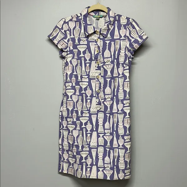 Boden Novelty‎ Print Shirt Dress Purple Cotton Button Front Short Sleeve US 2 - Image 2