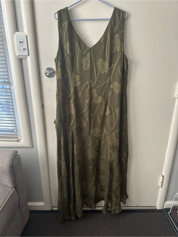 Olive Green Sleeveless V-Neck High-Low Floral Dress - Image 2