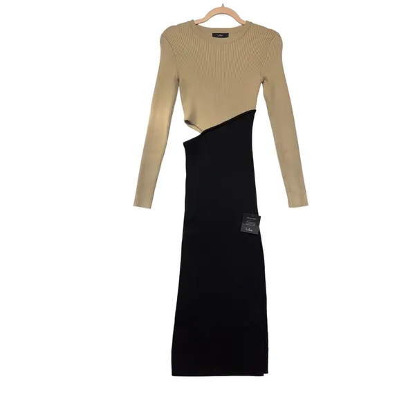 Lulus Beige Black Colorblock Ribbed‎ Cutout Long Sleeve Midi Dress Small NWT - Image 2