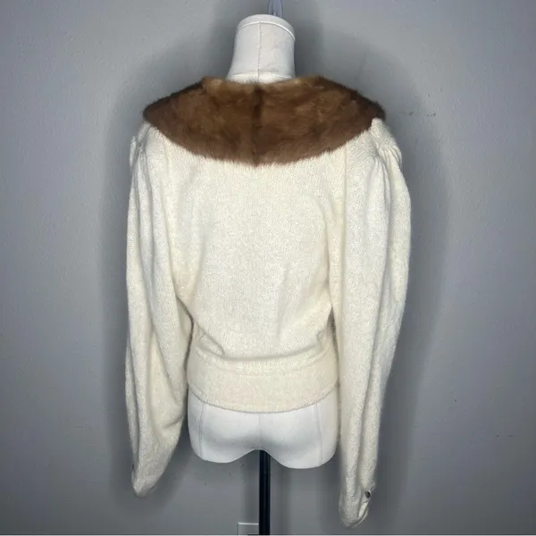 Vintage Linden O Fur Collar Silk Knit Cardigan Sweater Luxury Grandma Chic - Image 2