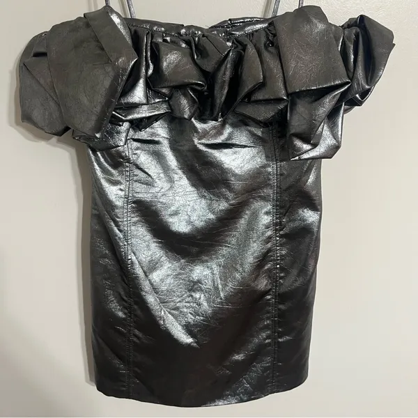 Zara Metallic‎ Silver Ruffle Off Shoulder Mini Dress NWT Size M Party Night Out - Image 2