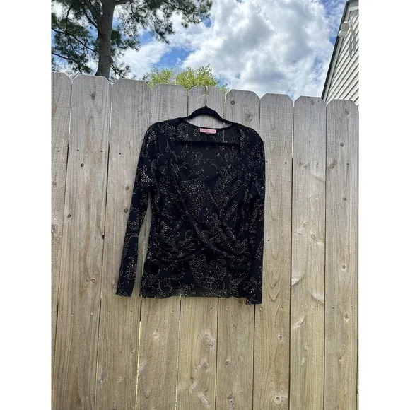 Bandolino Shirt Womens 1XL Black Fairy Light Grunge‎ Mesh Long Sleeve - Image 3