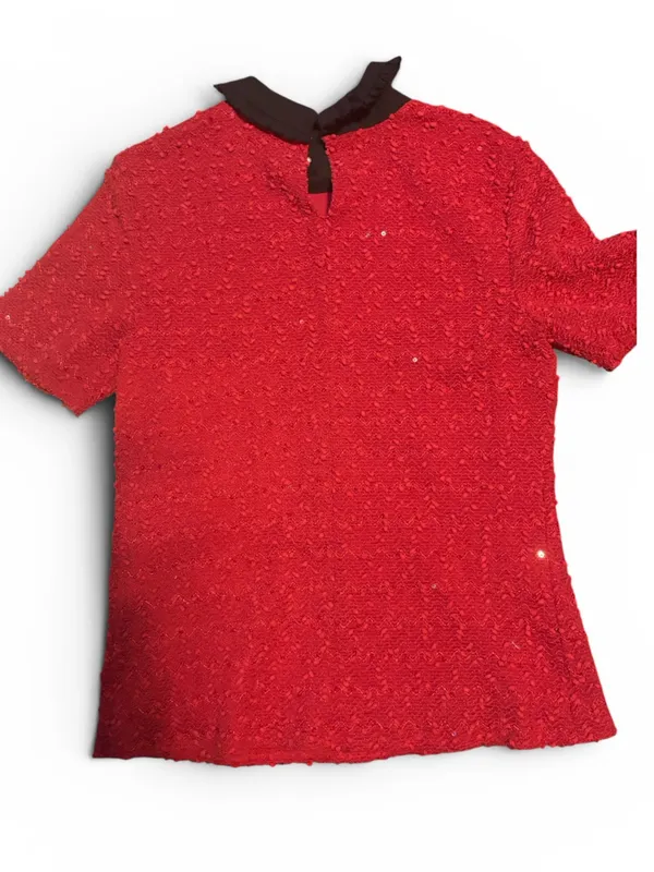 Elle Red Short-Sleeve Knit Top with Black Pearl Collar - Image 2