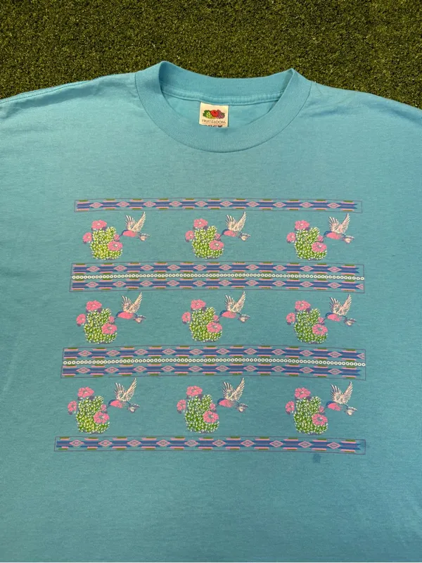 Vintage Fruit of the Loom Single Stitch Blue Babydoll T-Shirt Hummingbird Cactus - Image 2