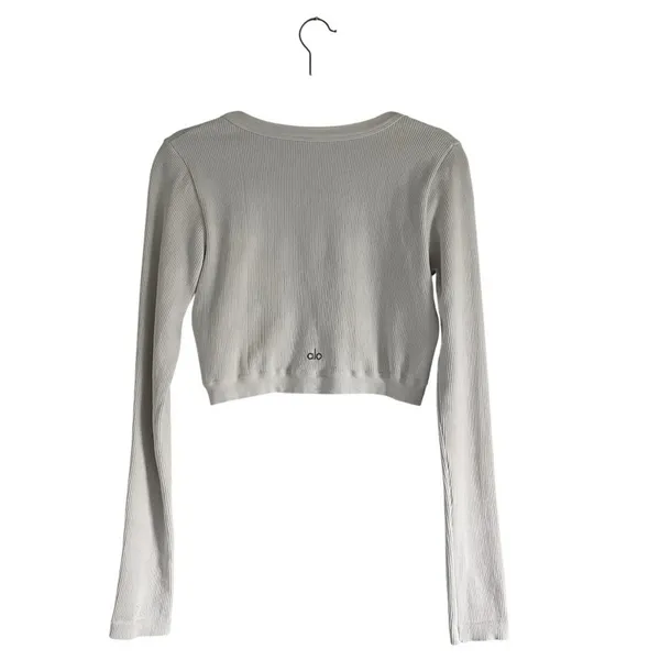 ALO Yoga Seamless Ribbed Cropped Serene Long Sleeve White Size Large - Image 3