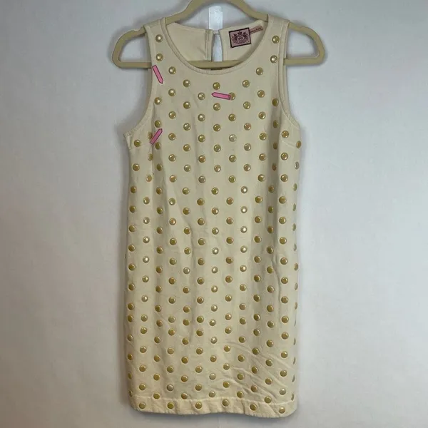 Juicy‎ Couture Dress Women's Small Beige Stretch Polka Dot Studded Mod Sheath - Image 2