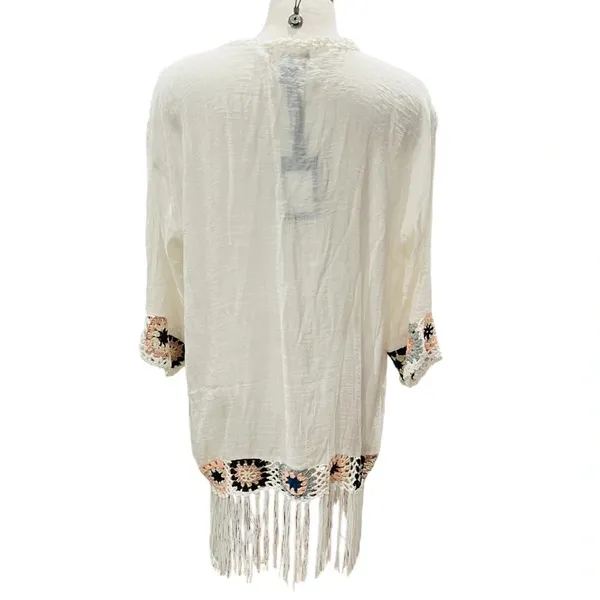 RAIN Boho Open Front Crochet Fringe Cardigan Large NWT - Image 3
