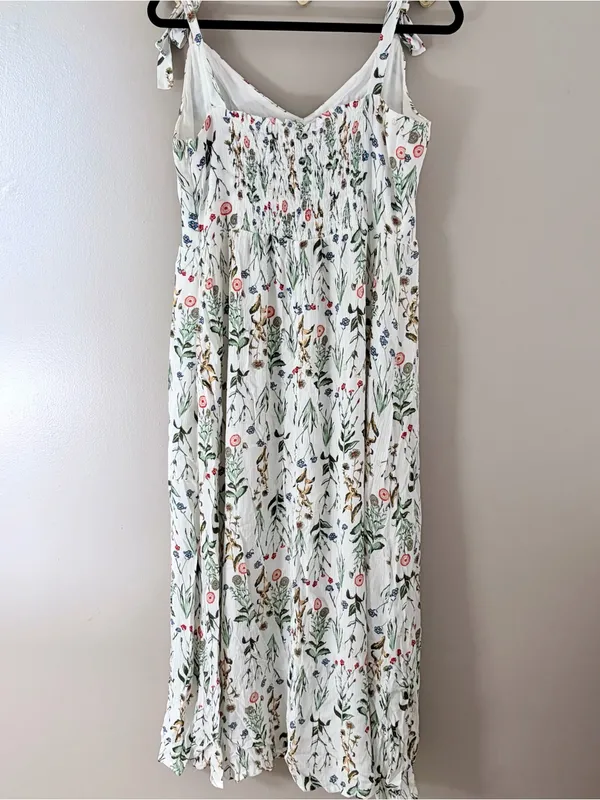 Tabitha Webb Floral Maxi Dress Size L Smocked Tie Strap White Boho - Image 3