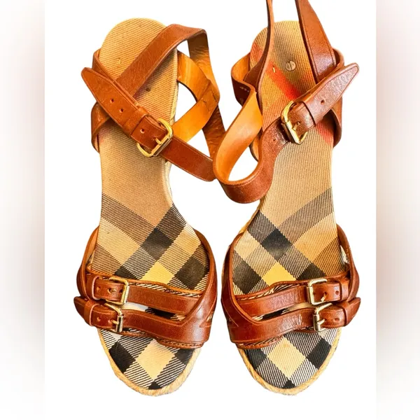 Burberry Tan Leather Check Canvas Espadrille Wedge Sandals EU 35 Italy GUC FLAW - Image 5