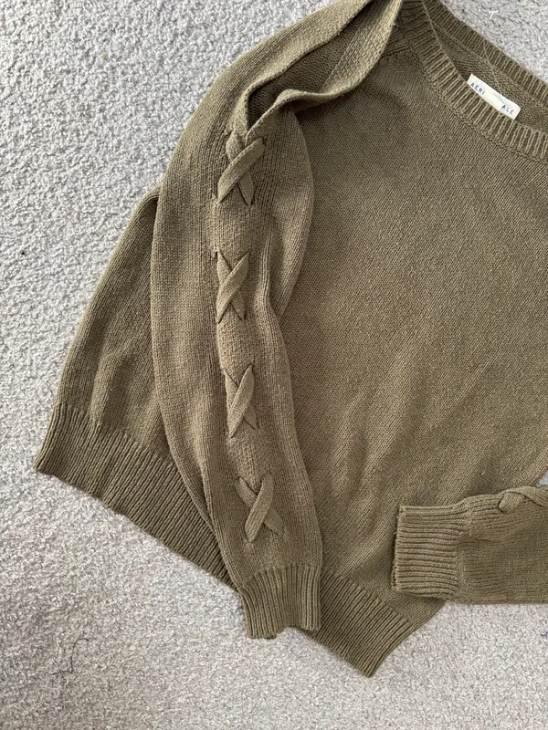 Aeropostale Olive Cold Shoulder Lace-Up Sleeve Crewneck Sweater - Image 4