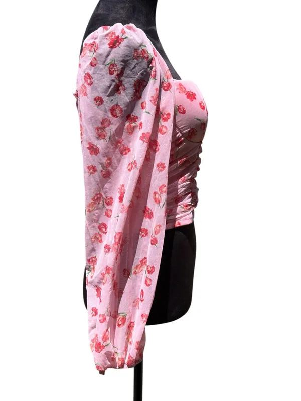 Fore Pink‎ Floral Mesh Ruched Bustier Crop Top Long Sleeve Square Neck Size L - Image 7