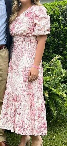 Printed One Shoulder Puff Sleeve Ruffle Hem Midi Dress - Image 3