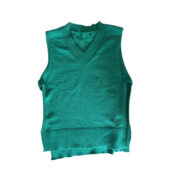 Green Knit Sweater Vest Medium Oversized V Neck Sleeveless Preppy Layering - Image 6