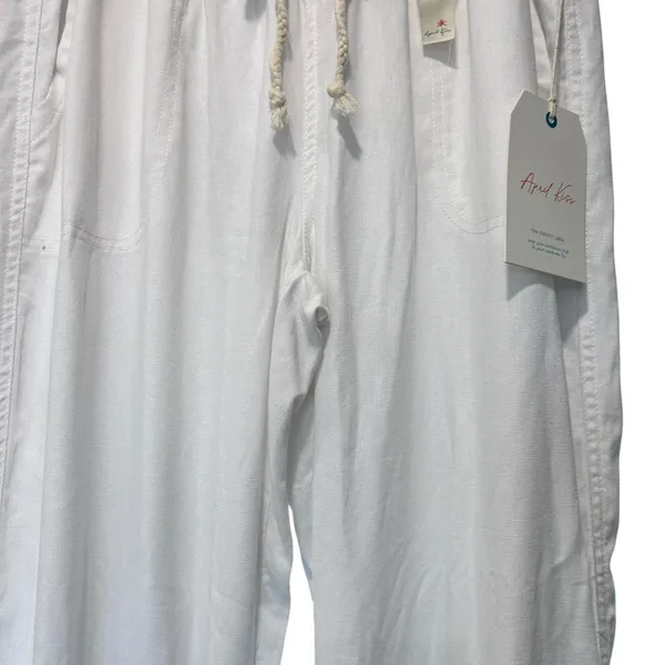 April Kiss Linen Pants Beach Summer Boho NWT High Waist Wide Leg SZ LG White - Image 4