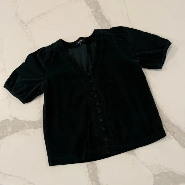Madewell Corduroy Puff Sleeve V-Neck Button Front Top Womens Size XS Dark Green - Image 4