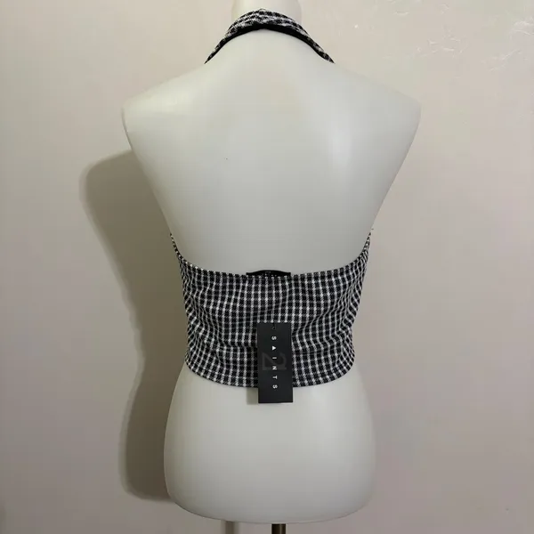 21 Saints Halter Crop Top L Black White Houndstooth Backless V-Neck Mod Summer - Image 5