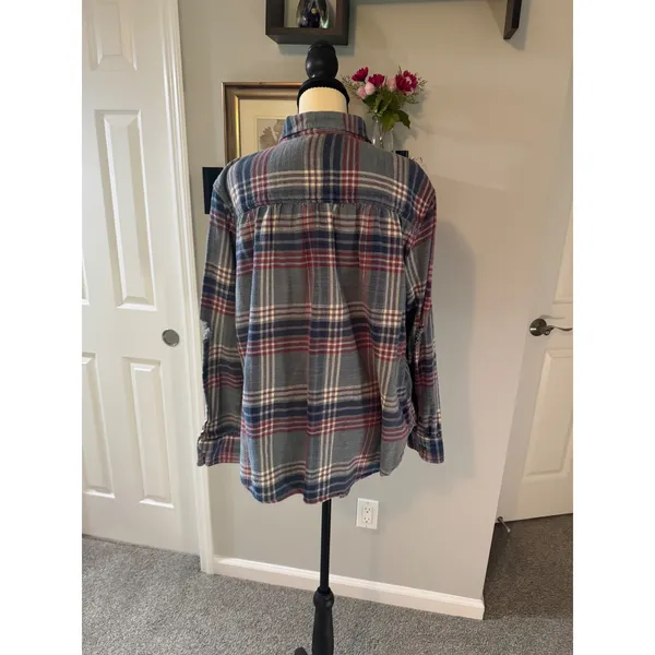 American Eagle Womens Grunge Plaid Flannel Button Down Shirt Large Distressed - Image 2