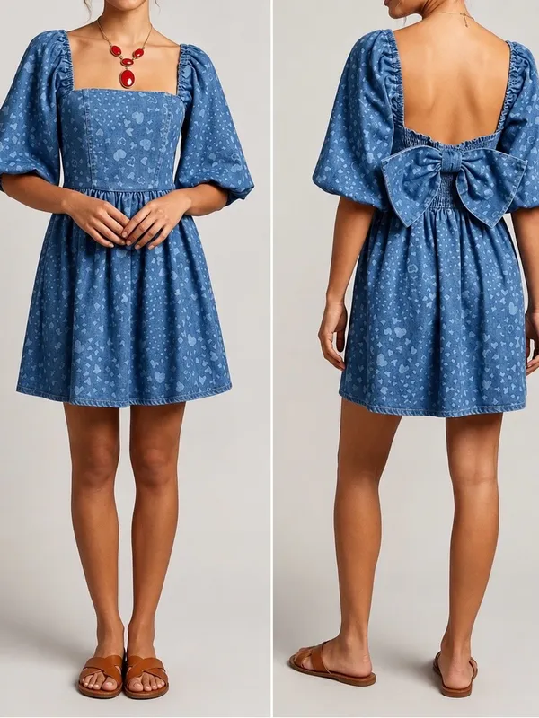 Avec Les Filles Heart Print Denim Mini Dress Bow Back Puff Sleeve XS $149 - Image 2