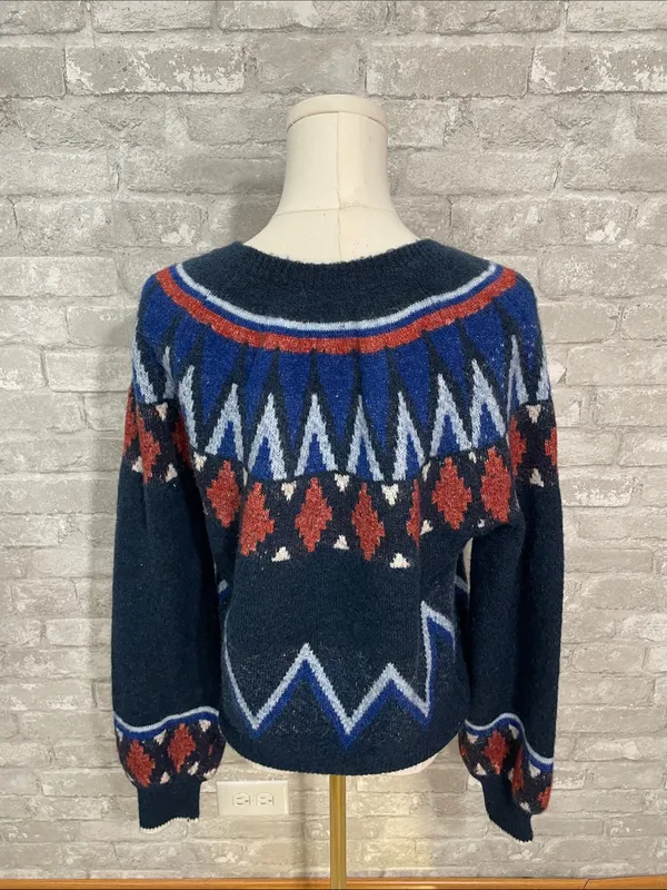 Sundry Navy Fair Isle Crewneck Sweater with Red and Royal Blue Accents - Image 4