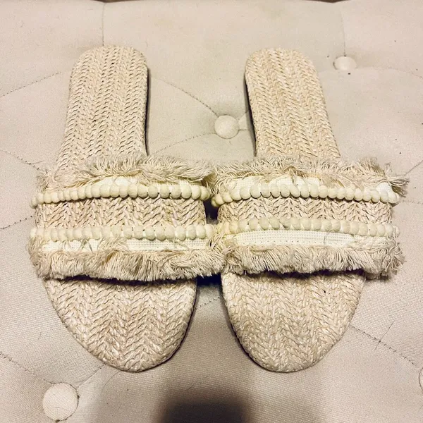 Fringe Straw Boho Sandals Open Toe Slides White Size 6 - Image 5