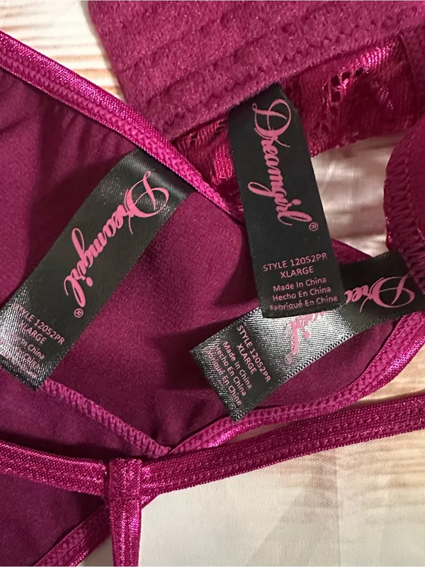 Dreamgirl Starstruck Purple Satin 3 Pc Bra Garter G String Set Sz XL - Image 16
