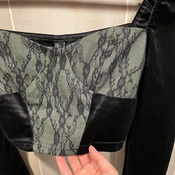 Cute velvet olive lace panel long sleeve crop top whimsigoth festival Cider - Image 5