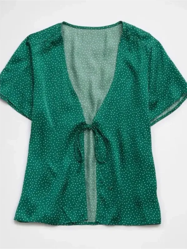 Aerie Emerald Green Polka Dot Satin Tie-Front Blouse Short Sleeve Medium - Image 2